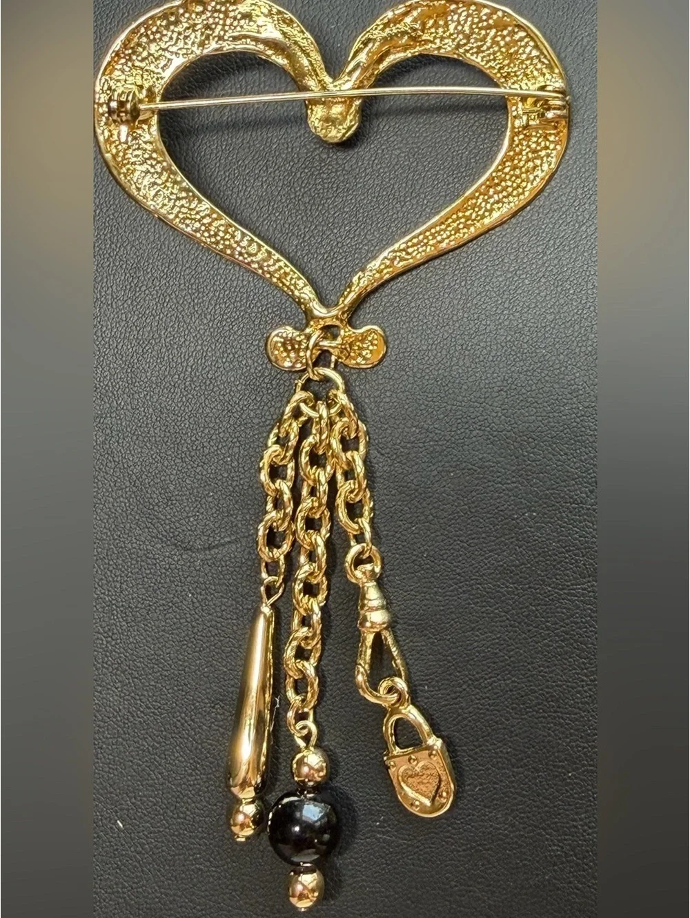 Vintage Gold Tone Open Heart Dangle Brooch w/ Black Bead & Charm Accents [COPY]